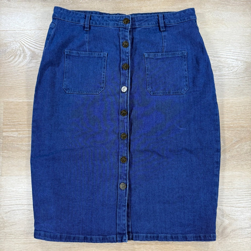 All About You Denim Skirt Button Front Pockets‎ Pencil Casual Chic Size 34